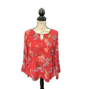 Women’s Red Floral Bell Sleeve Blouse - Size Small (SKU 0245)